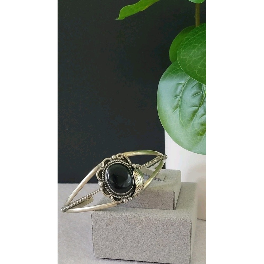 Vintage Southwestern 925 Sterling Onyx Split Shank Cuff Bracelet 15.4g
